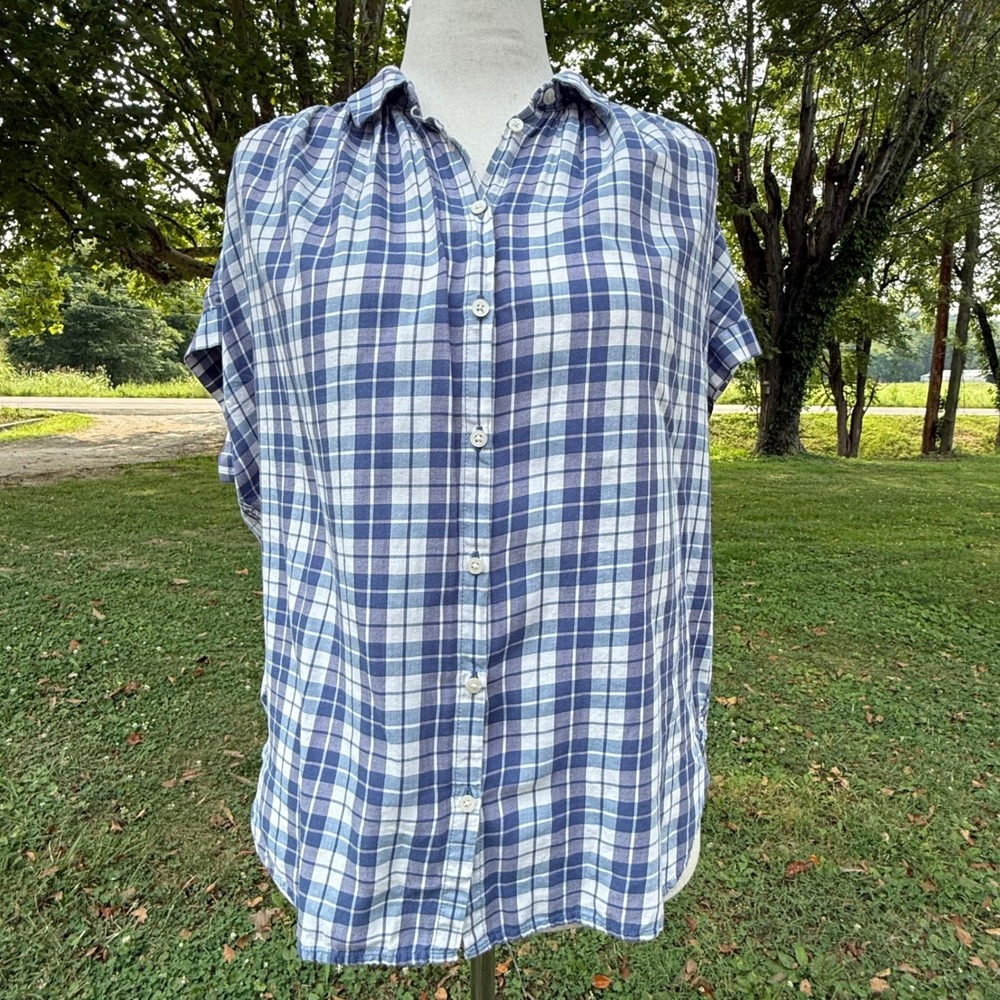 Madewell Blue White Plaid Split Back Button Front Cotton Top Womens Medium - Picture 1 of 12